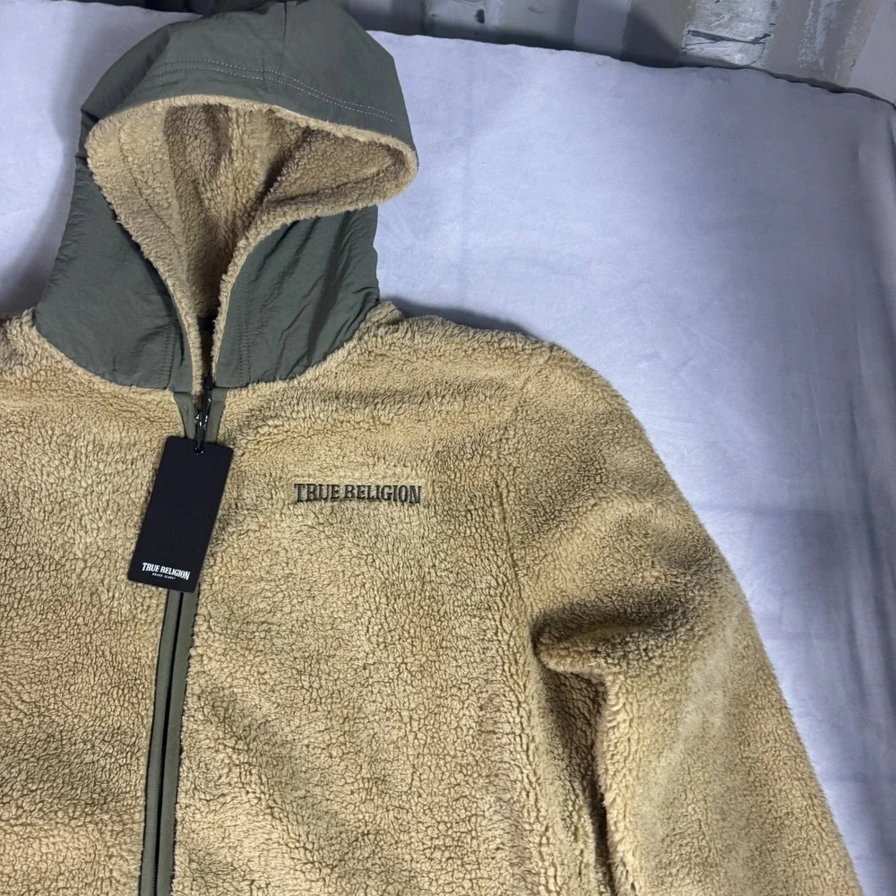 NWT True Religion Mens Contrast Sherpa Hooded Jacket Beige Soft Cozy‎ Winter L